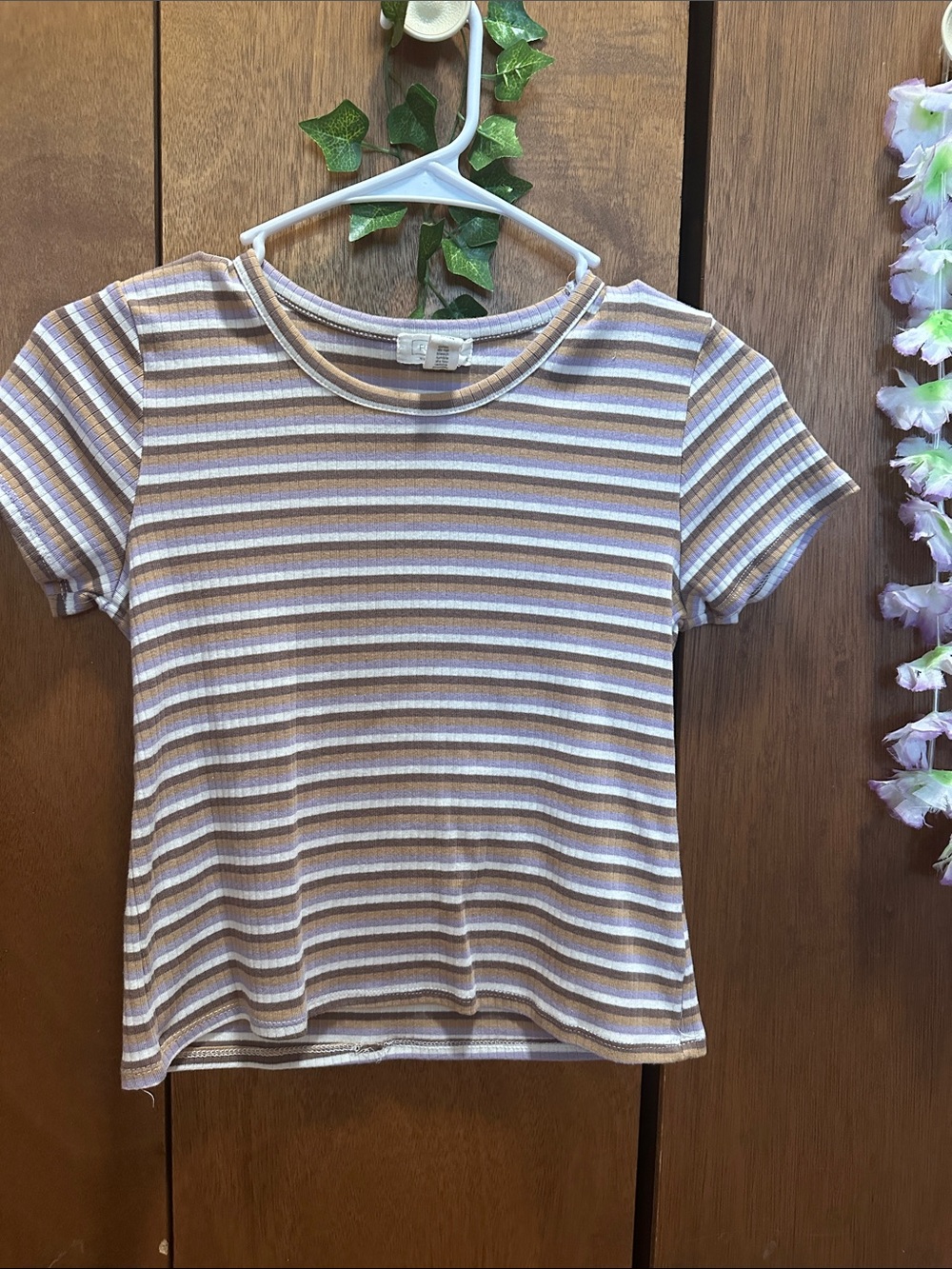 Full Tilt Striped Ribbed Short Sleeve Tee - Beige, White & Light Blue